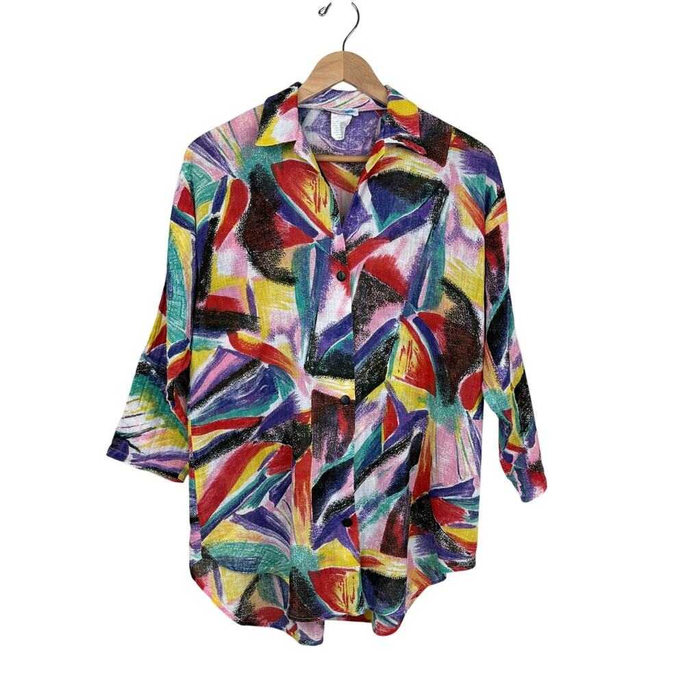 Wavelengths Vintage Cotton Gauze Shirt Abstract Print 80s 90s Size Small